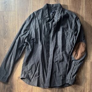 J Crew Gray Button-Up Shirt with Brown Elbow Patches